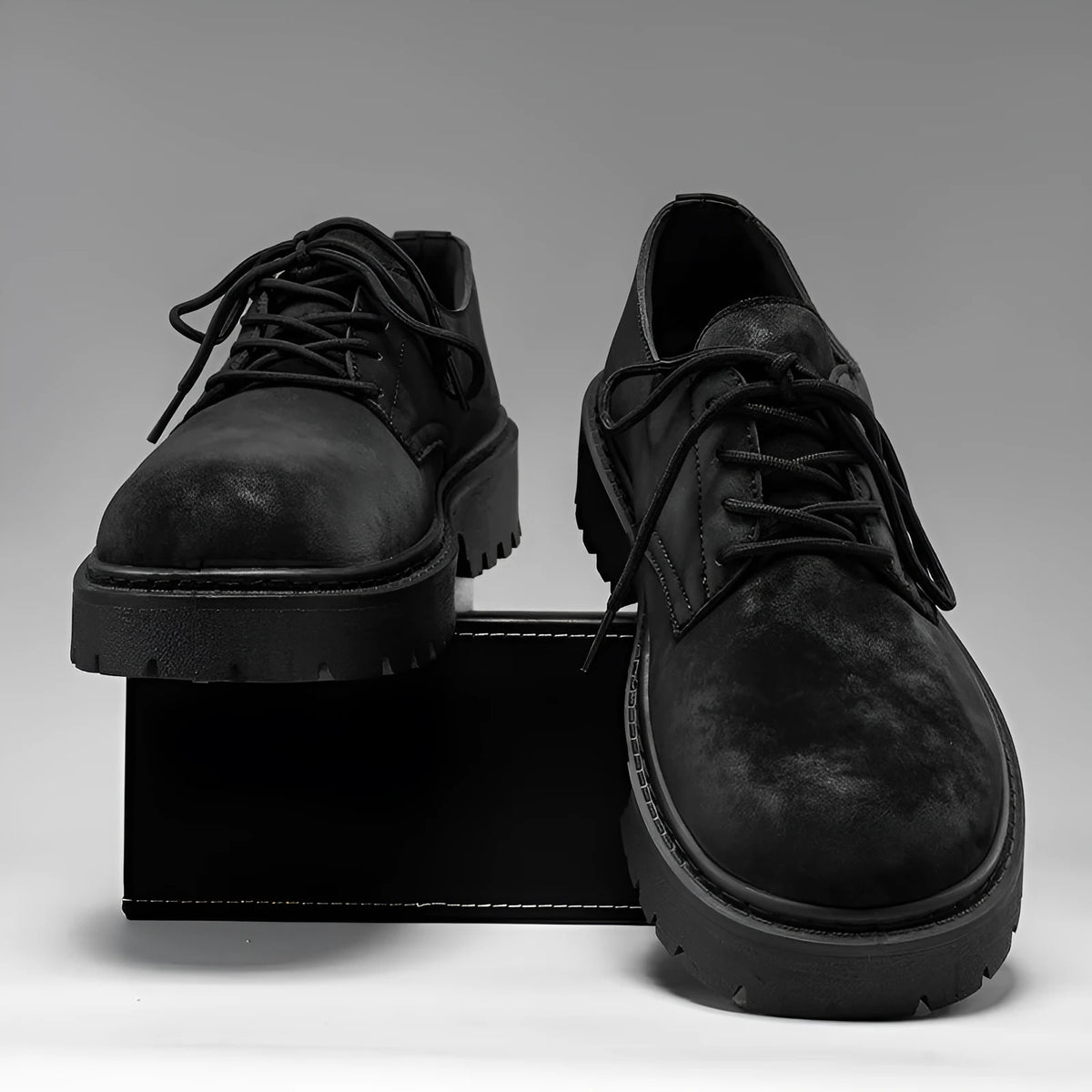 Men's black thick sole height increasing casual vulcanised shoes with buckle fastening and metal detail