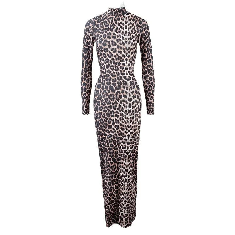Leopard print women's dress with stand collar and long sleeves in high waist design