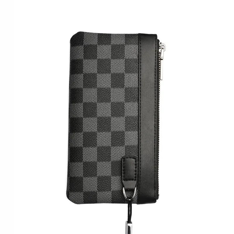 Black plaid pattern genuine cowhide leather men's wallet showing 20x10 cm dimensions