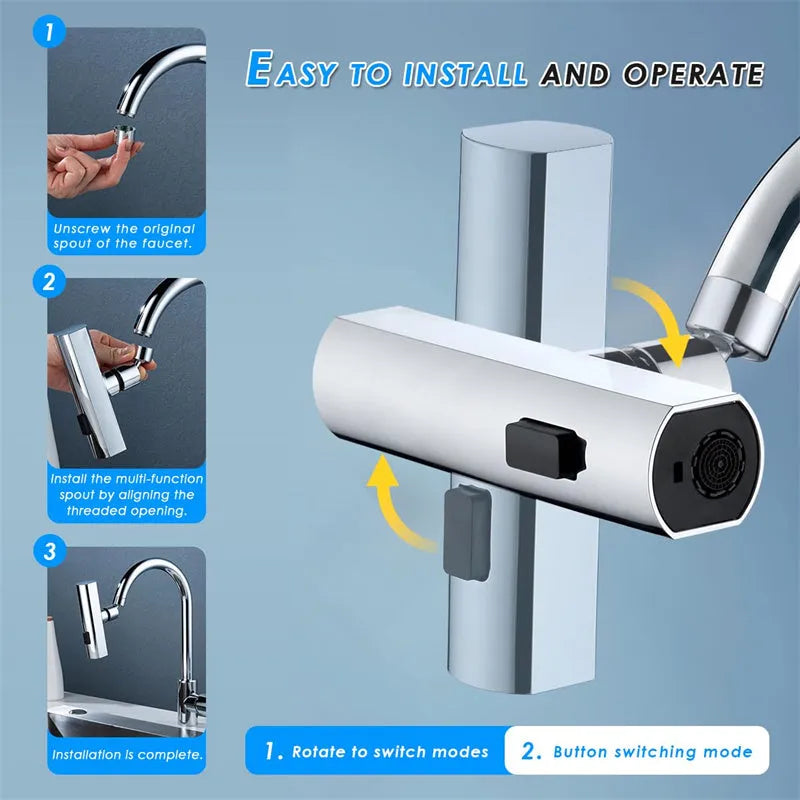 Black ABS kitchen faucet extension with rotating bubbler and waterfall outlet mode on a modern sink