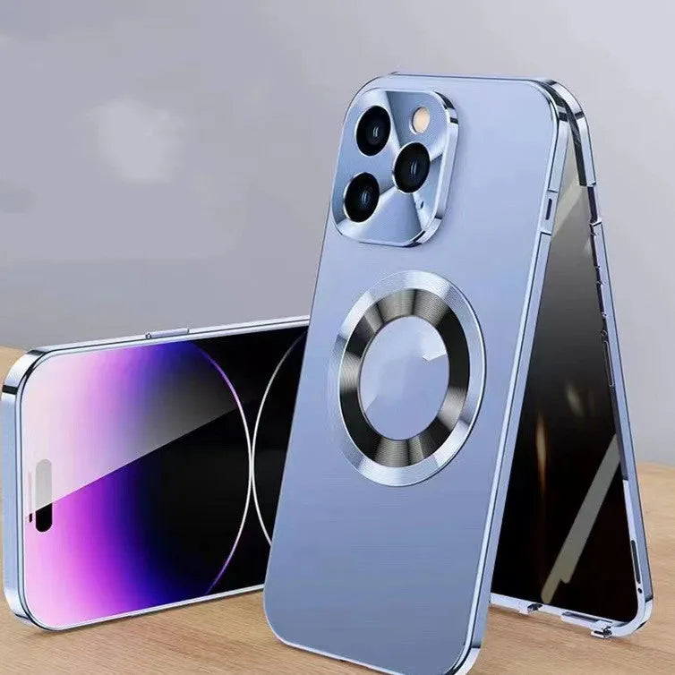 Magnetic iPhone case with anti-peep metal clip showing black, blue, gold, purple and silver colour options