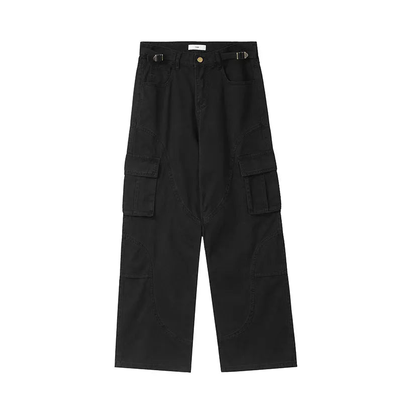 Autumn winter washed worn loose straight-leg overalls in black with pocket decoration