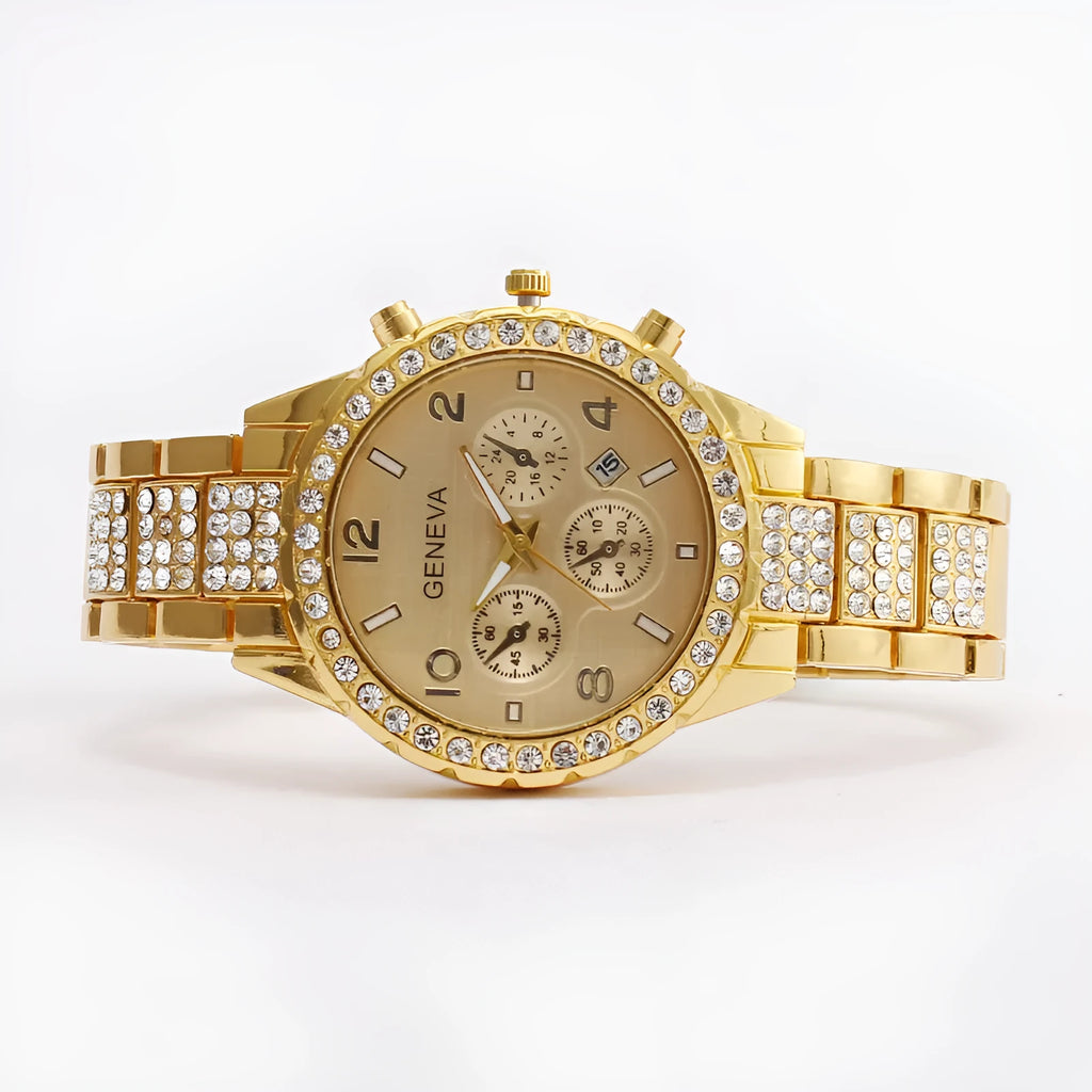 Women's diamond digital calendar three eyes quartz watch stainless steel 38.7mm dial rose gold