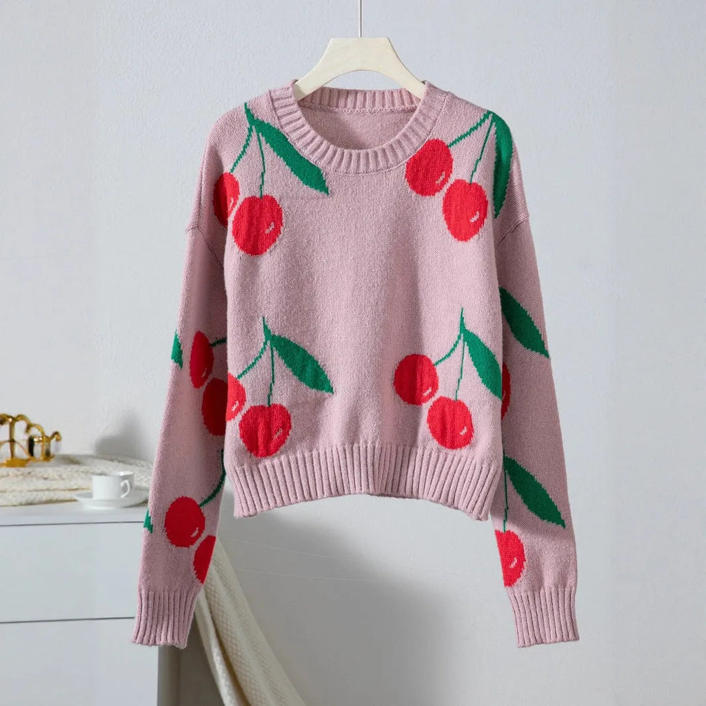 Pink cherry jacquard loose fit long sleeve knitwear, polyester, sizes S to XL