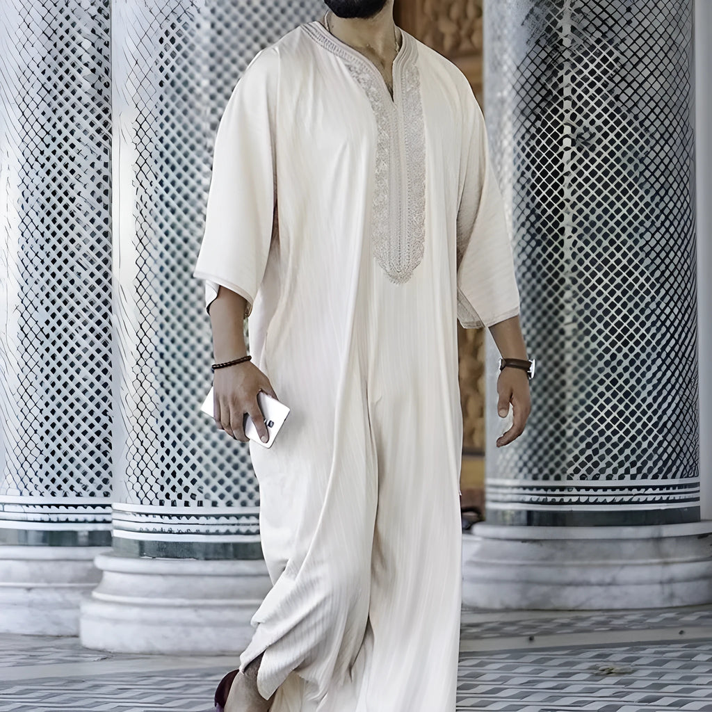 Men's milky white linen blend loose cardigan Muslim robe with short sleeves