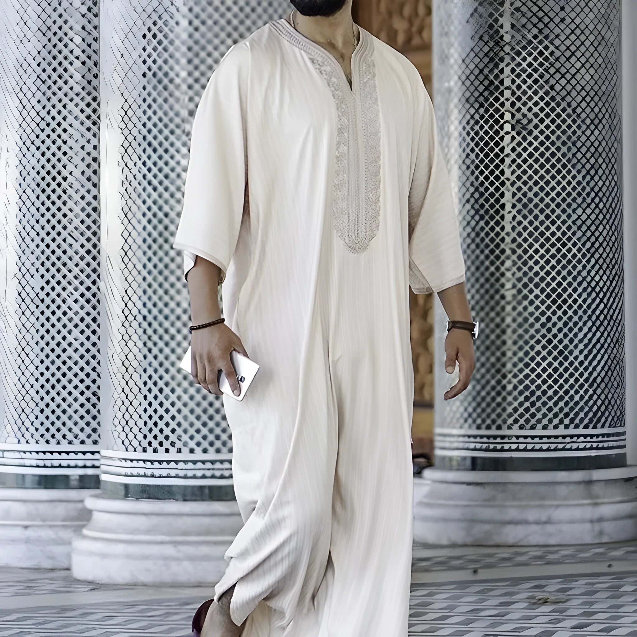 Men's milky white linen blend loose cardigan Muslim robe with short sleeves