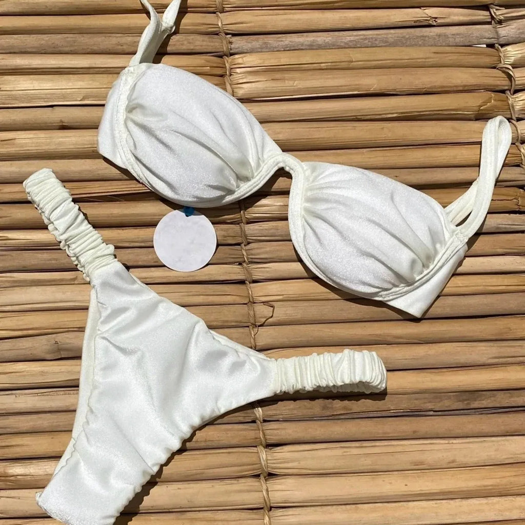 Women's underwire bikini swimsuit in khaki colour with sleeveless briefs style