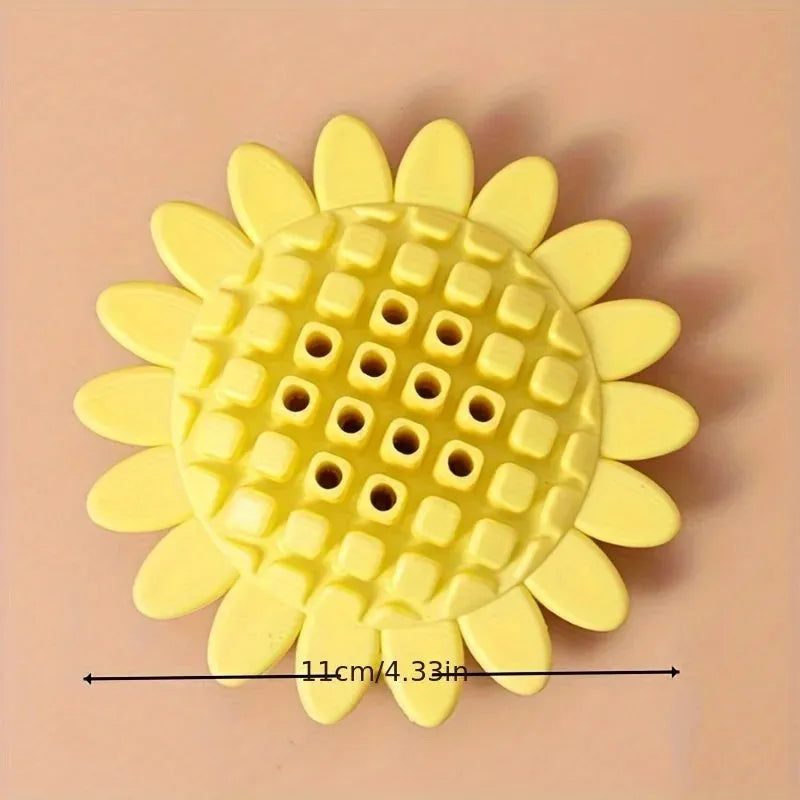 Yellow rubber sunflower dog toy durable chew for puppies teething and playing