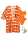 Women's orange three piece swimsuit with nylon colour blocking fabric, bra, panties and cardigan.