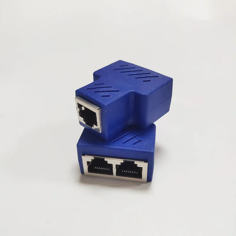 RJ45 network cable splitter adapter in five colour options showing tee configuration