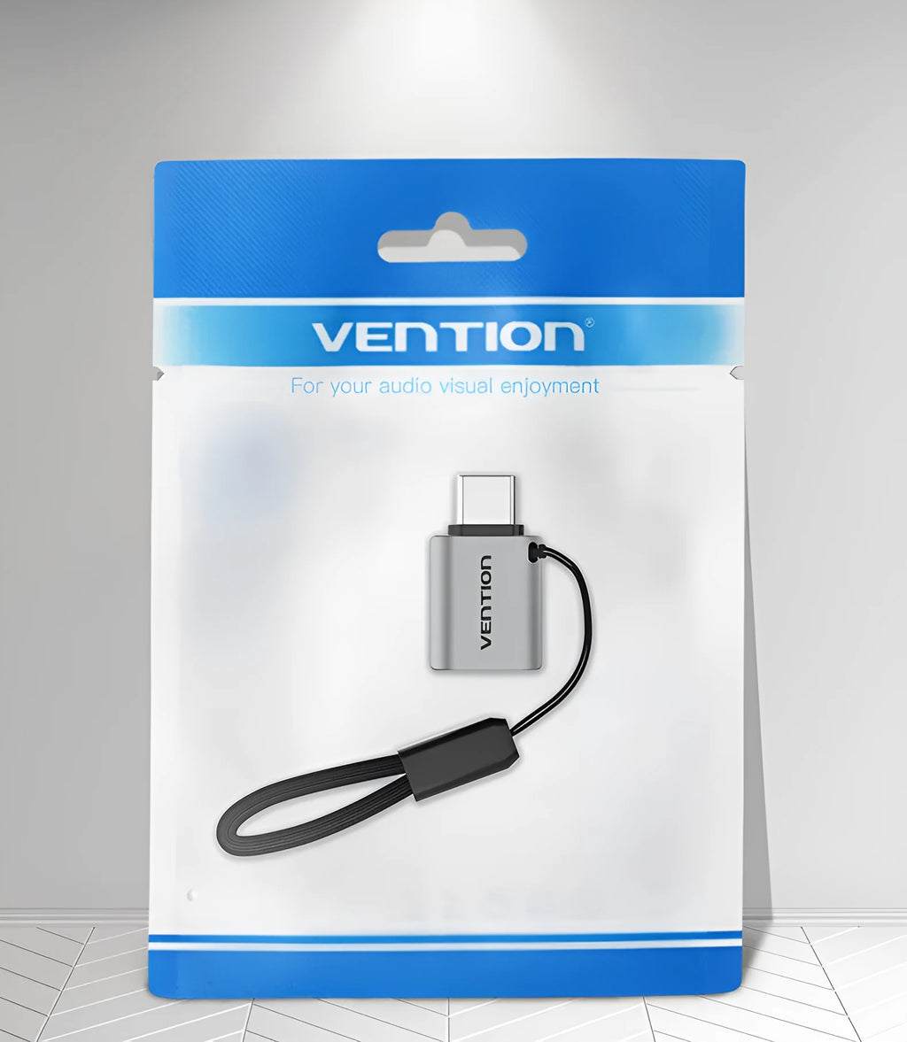 USB 3.0C male to female OTG adapter in grey aluminium alloy with lanyard