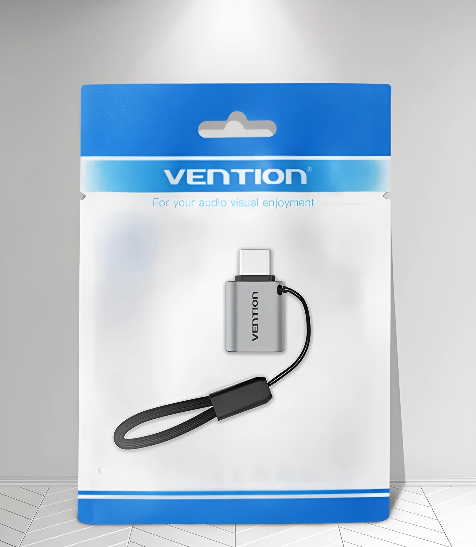 USB 3.0C male to female OTG adapter in grey aluminium alloy with lanyard