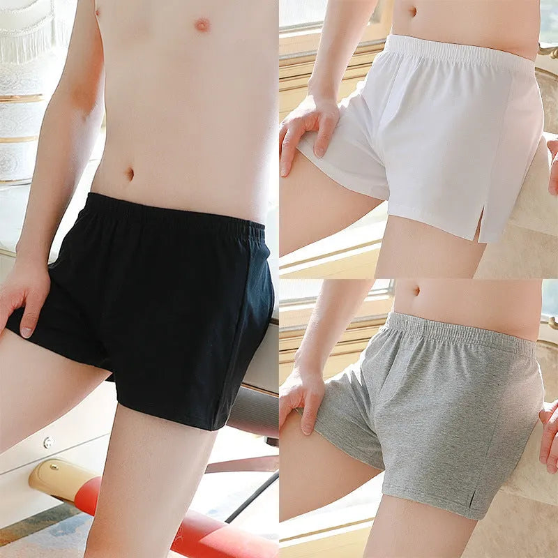 Cotton loose men's plus size boxer underwear in black with mid-waist elastic waistband