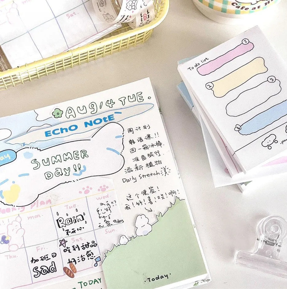 Cartoon sticky notes with heart-shaped collage design in six style options showing different sizes