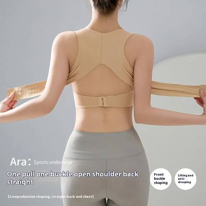 Women's front buckle exercise bra for yoga and cross training with 3/4 moulded cups