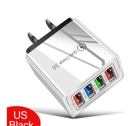 Luminous 4-port USB mobile phone charger in dark blue with EU plug, showing glowing indicator lights.