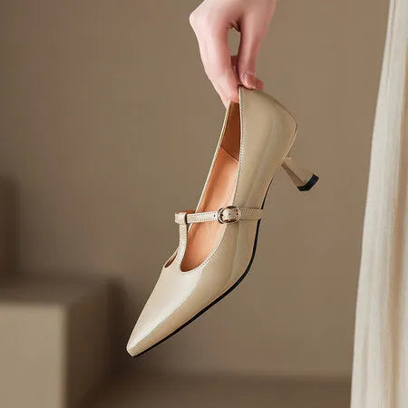 Women's square toe high heels in first layer cowhide leather, 6-8cm heel, rubber sole, black apricot or red, sizes 34-39