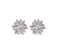 Snowflake ear stud earrings for women, copper electroplated silver colour, geometric zircon design