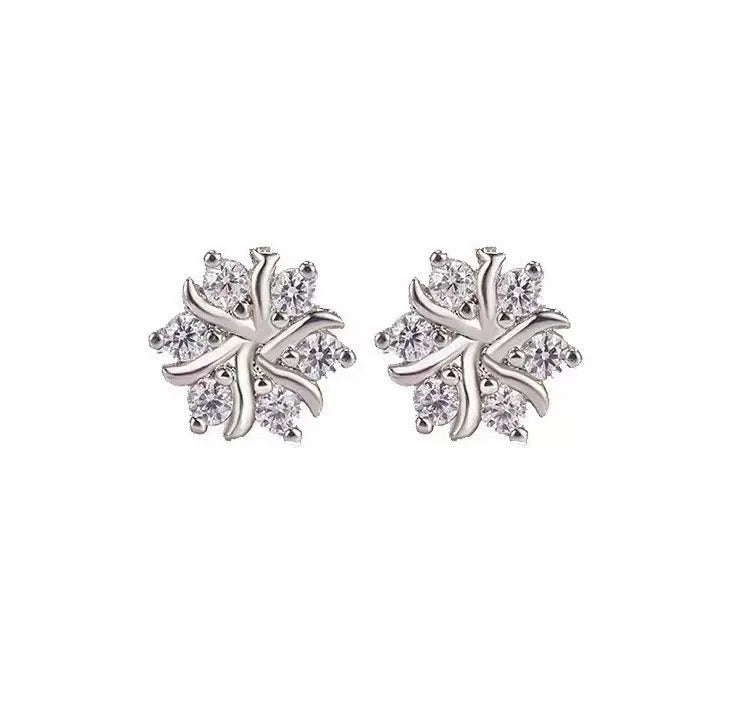 Snowflake ear stud earrings for women, copper electroplated silver colour, geometric zircon design