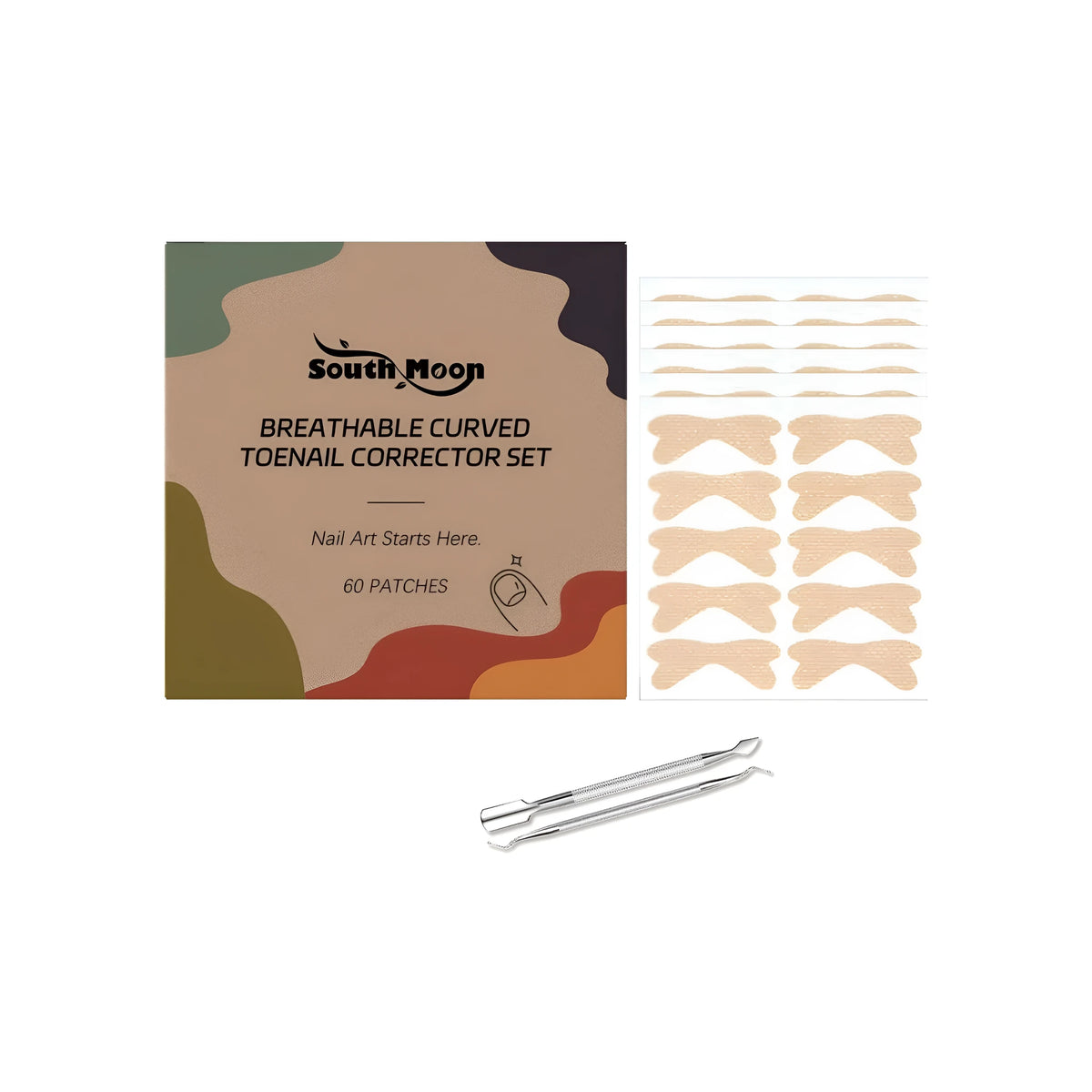 Breathable curved toenail corrector set with 60 white patches containing tocopherol and hyaluronic acid