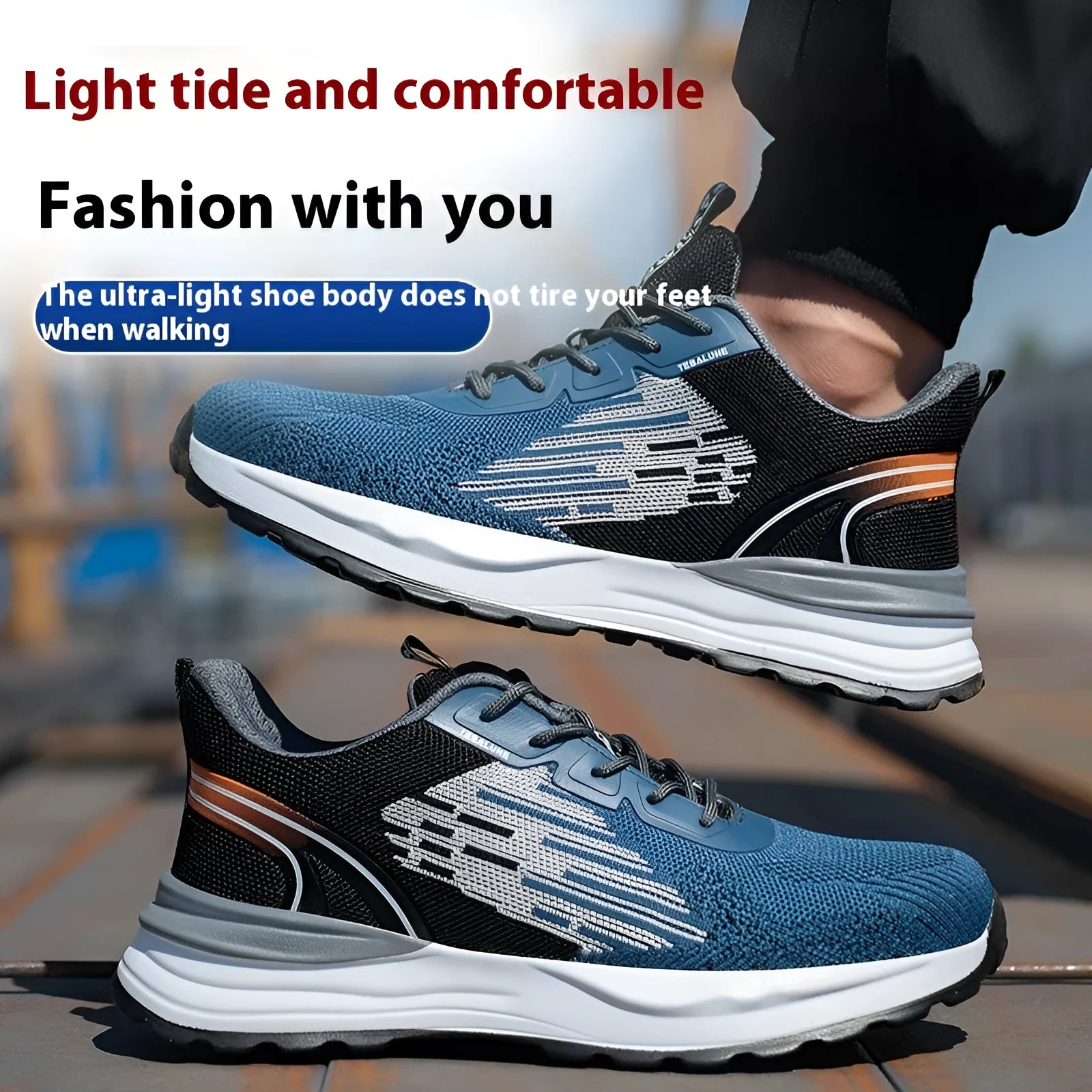 Blue men's safety work shoes with mesh upper, plastic toe cap, and lace-up closure