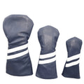 Golf club head cover with two diagonal stripes in PU material showing size and colour options