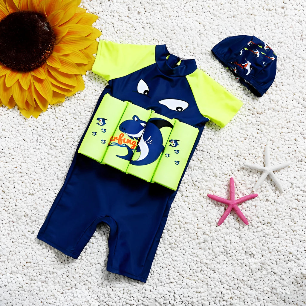 Unisex buoyancy swimsuit one-piece in shark boy cartoon plaid design for swimming