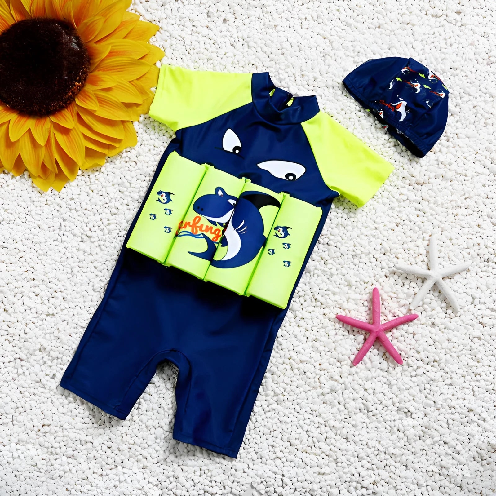 Unisex buoyancy swimsuit one-piece in shark boy cartoon plaid design for swimming