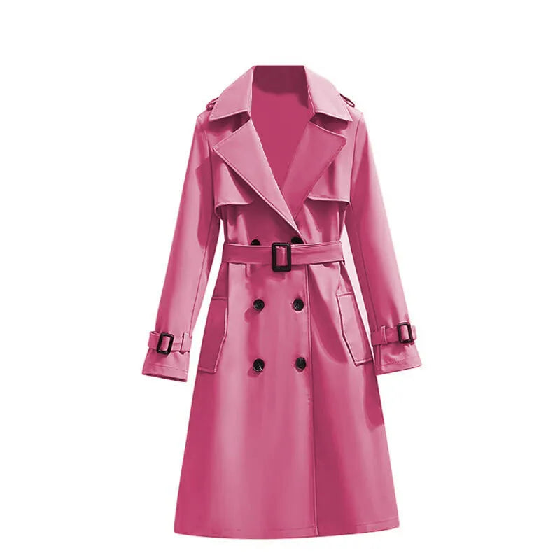 Mid-length slim fit trench coat with long sleeves, polyester, available in sizes S to 3XL and multiple colours.