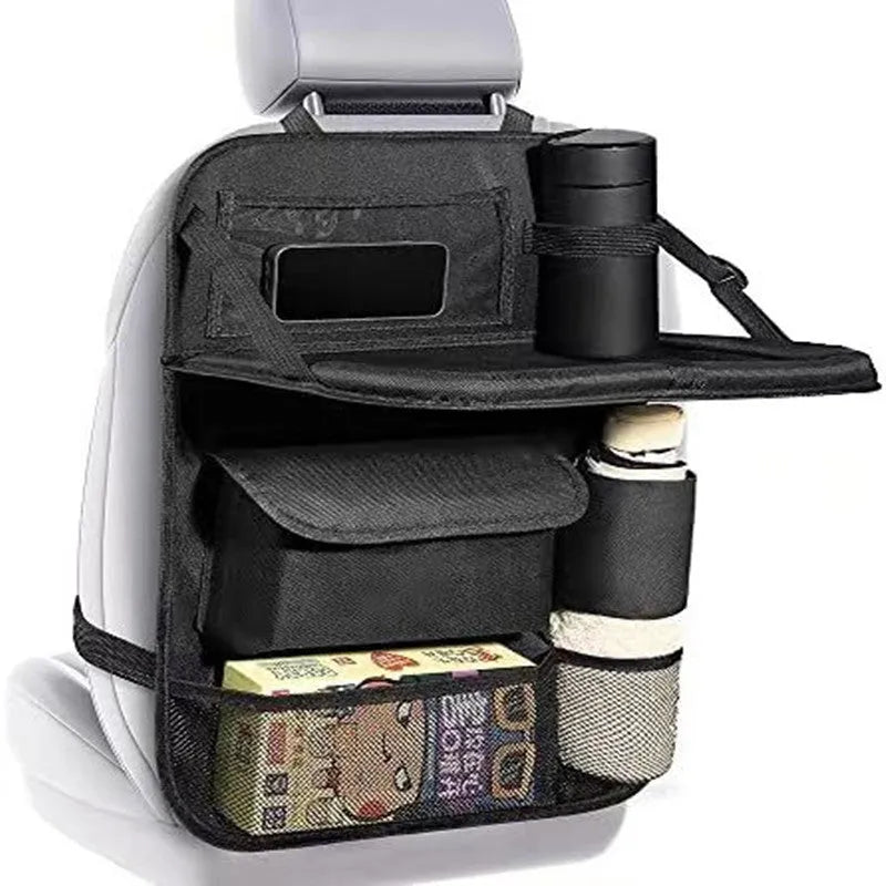 Black Oxford cloth car seat back buggy bag with hanging straps and storage pockets