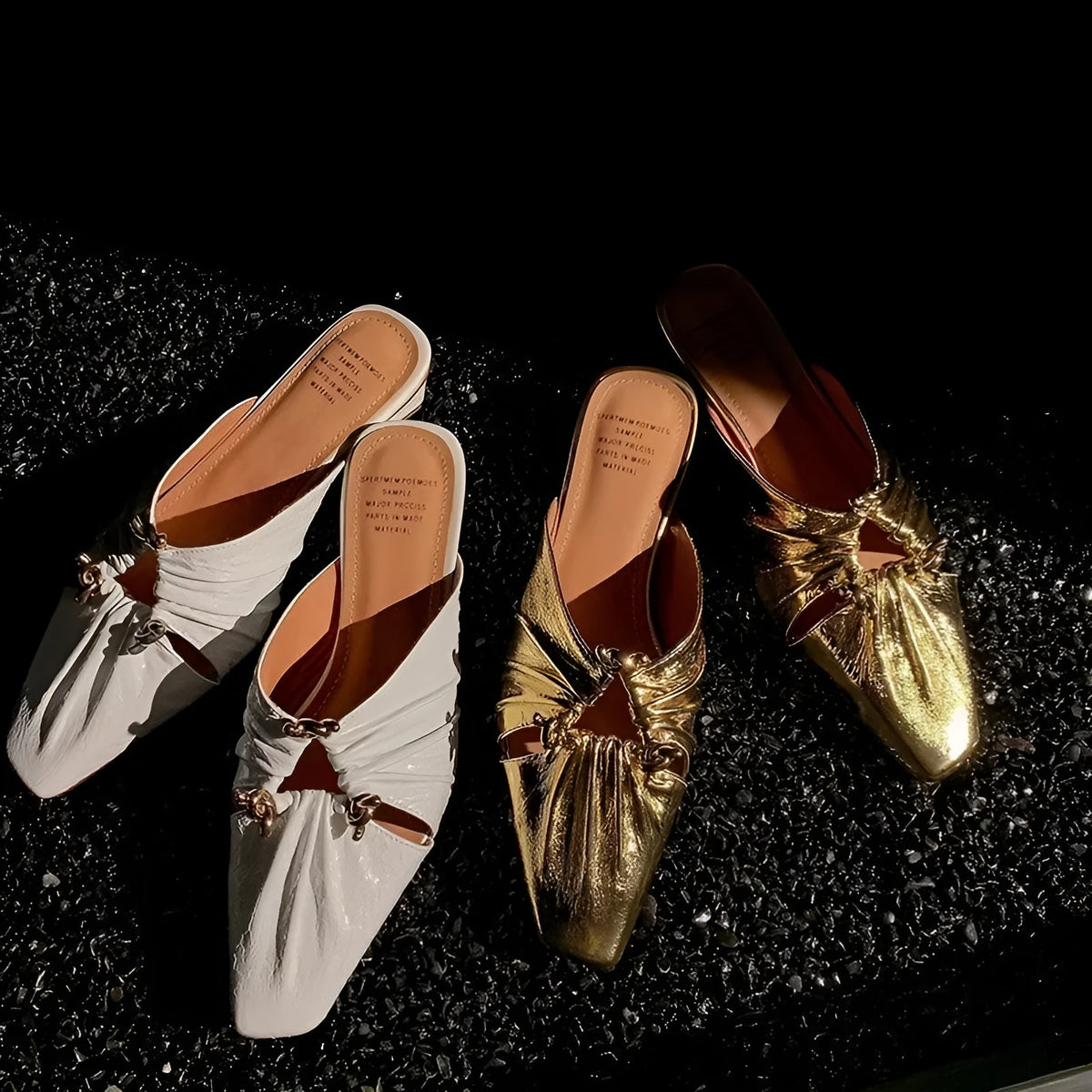Women's gold genuine leather half toe cap slippers with low heel and square toe on a white background.