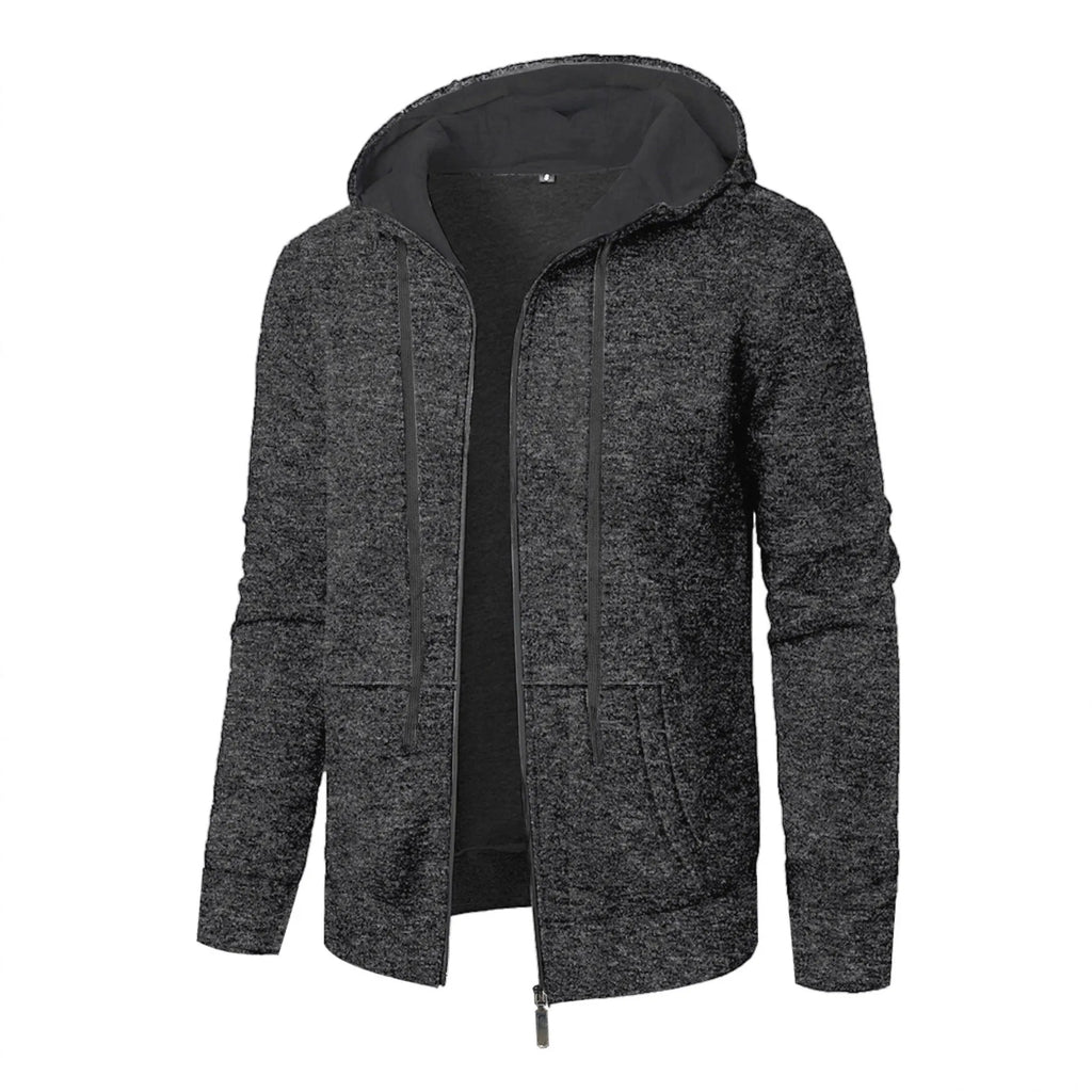 Men's loose fit polyester hooded cardigan coat in solid colour, long sleeves, casual sports style