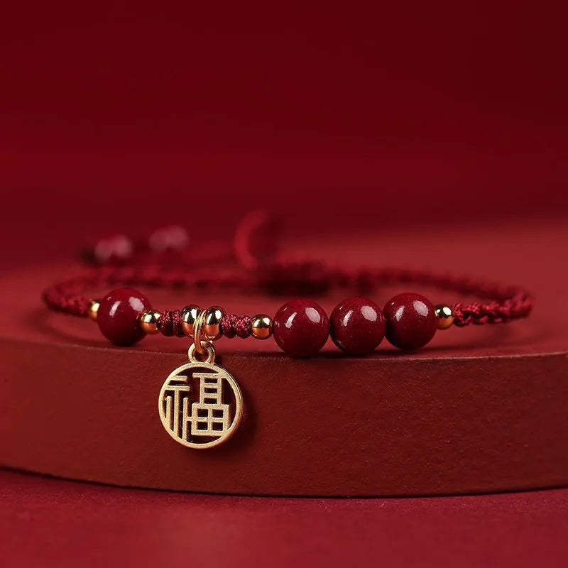 Cinnabar braided rope bracelet with blessing card in black, red, or wine red, round bead or five petal flower style