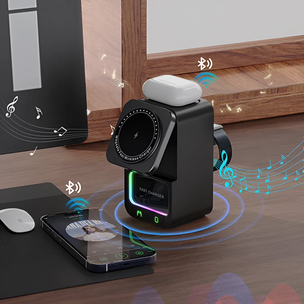 Black and white wireless charging station with Bluetooth speaker and magnetic charging surface