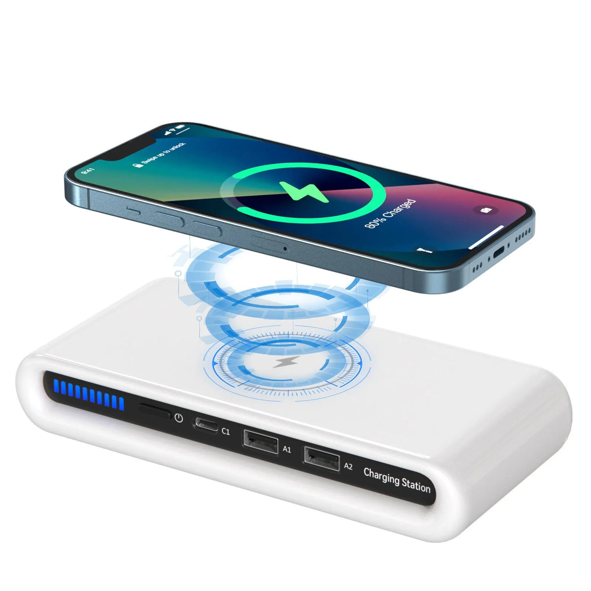 White desktop wireless charging pad with illuminated multi-colour ambient lamp ring.
