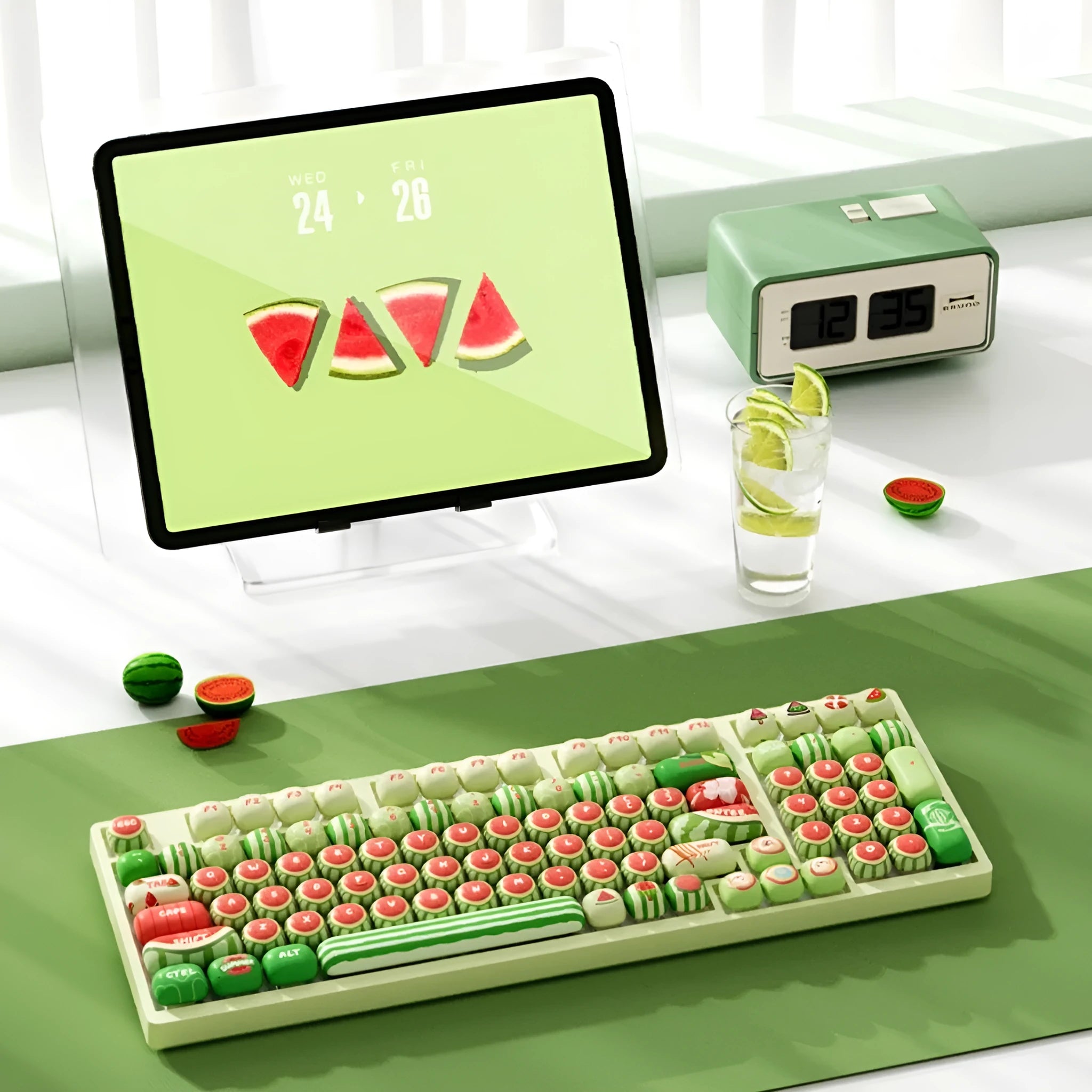 Watermelon theme five-sided sublimation PBT keycaps in small steamed bun mushroom profile