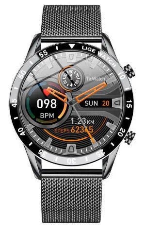 Smart pedometer watch with 1.3in touch screen, stainless steel wristband, 46mm dial, heart rate and blood oxygen detection.