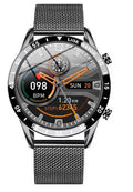 Smart pedometer watch with 1.3in touch screen, stainless steel wristband, 46mm dial, heart rate and blood oxygen detection.