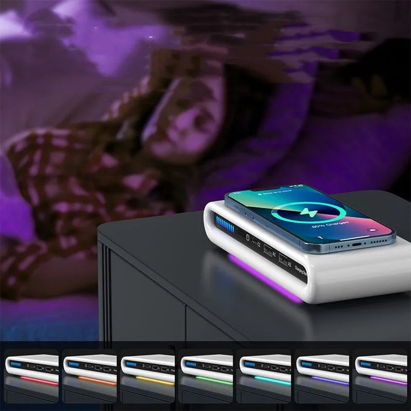 White desktop wireless charging pad with illuminated multi-colour ambient lamp ring.