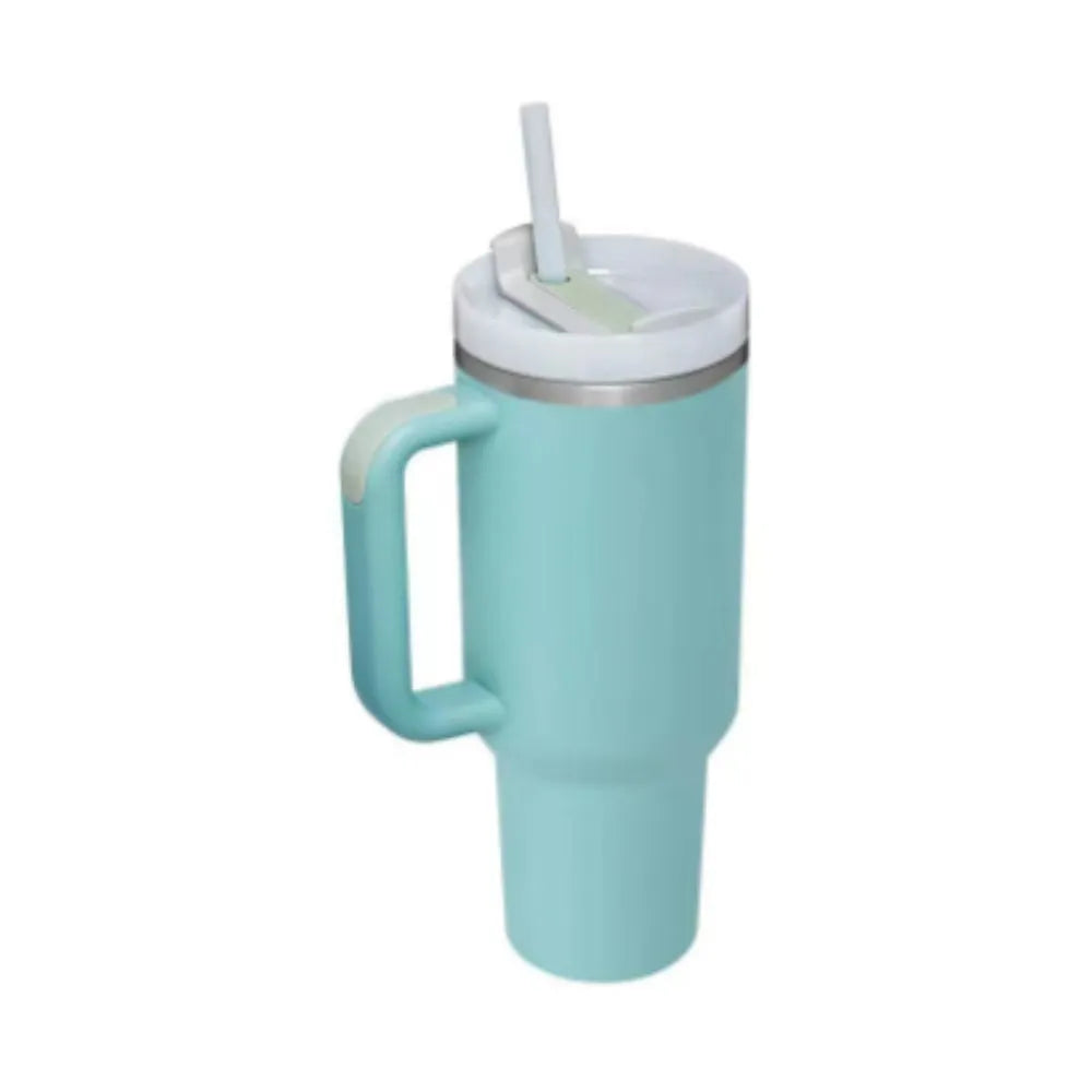40 oz insulated stainless steel tumbler with handle straw and spill proof lid in a tapered design for car or gym use