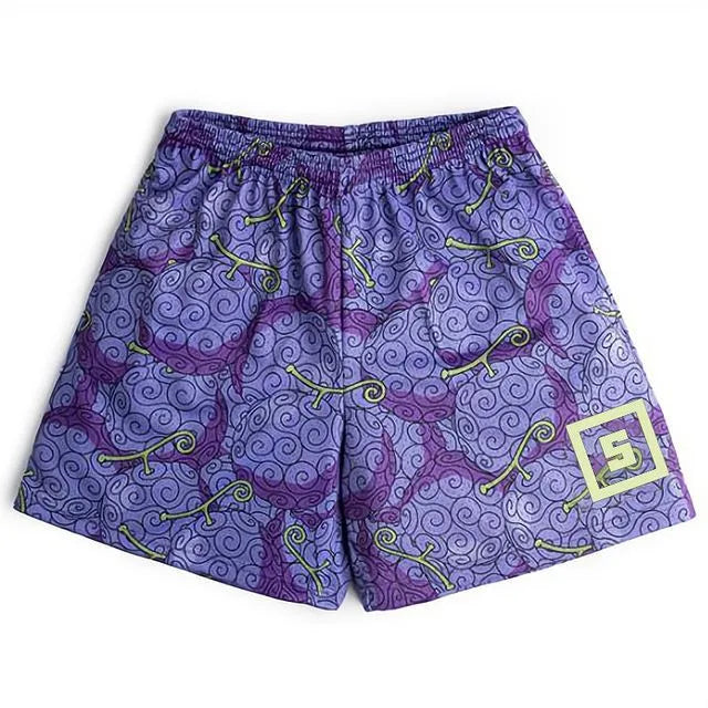 Anime Devil Fruit men's gym shorts in straight tube eight-point cut, sizes S to 6XL, orange purple red