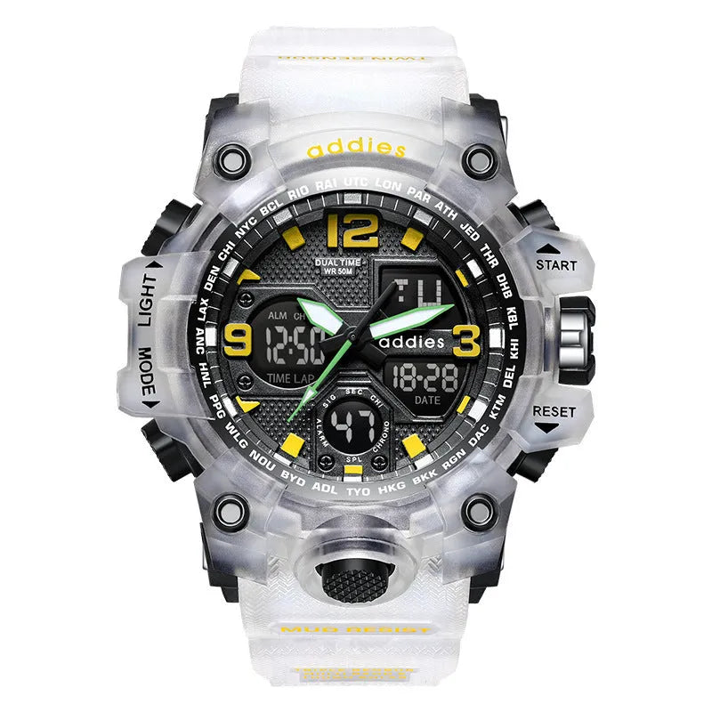 Men's electronic sports watch with dual analogue and digital display in black, red, white or transparent white