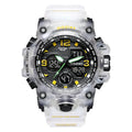 Men's electronic sports watch with dual analogue and digital display in black, red, white or transparent white