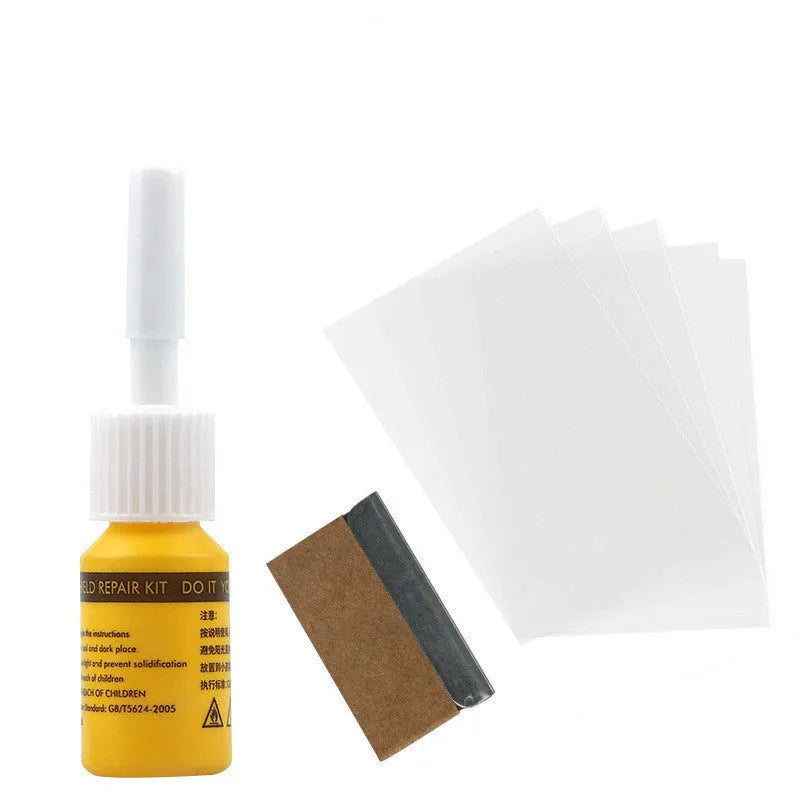 Yellow car glass repair agent tool set for windshield chip and crack repair