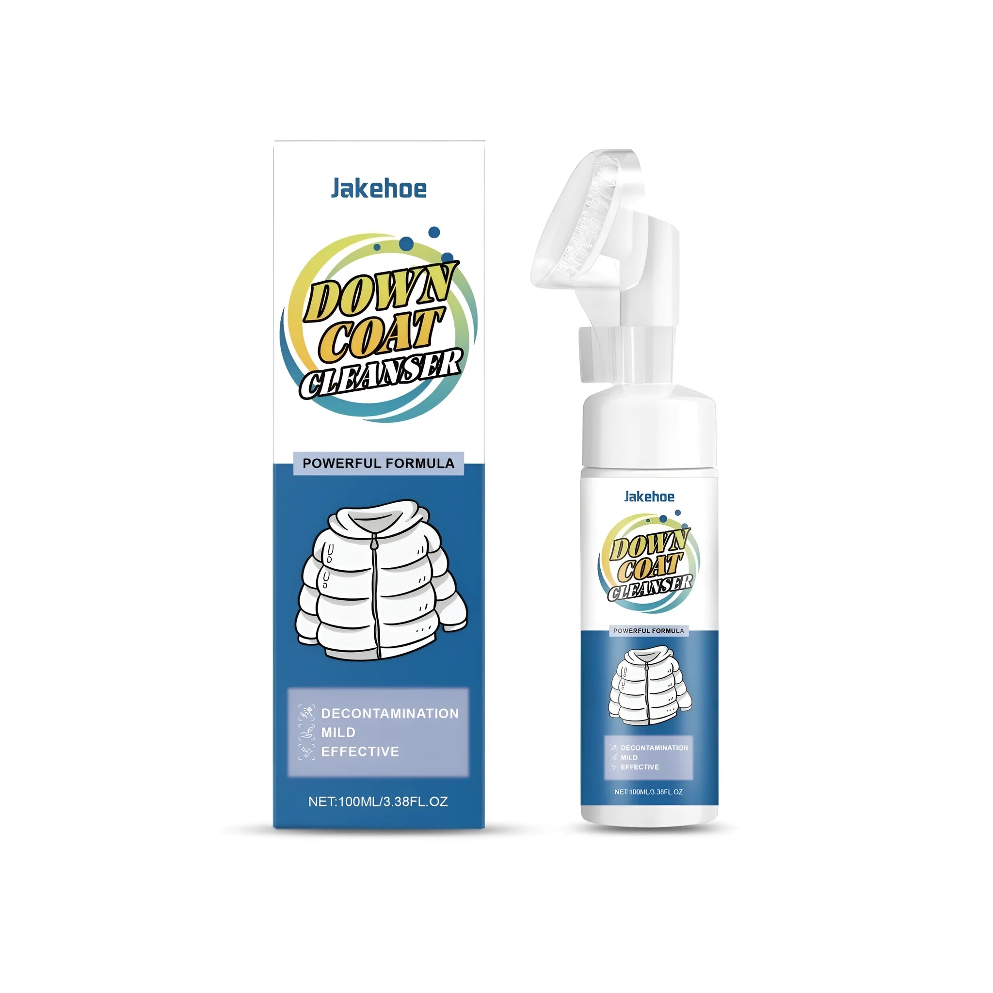 100ml bottle of down coat and jacket cleaning liquid detergent on a plain background.
