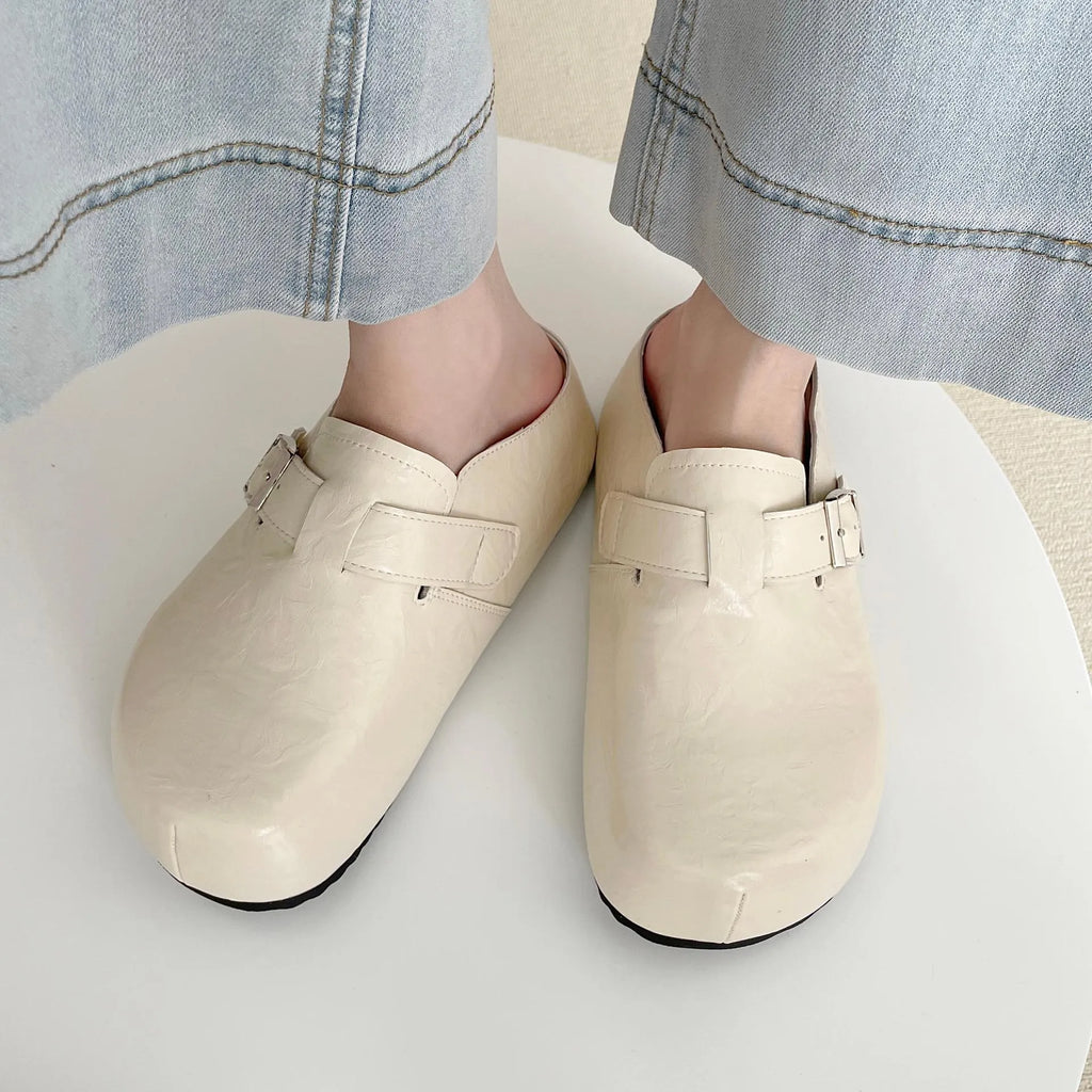 Flat buckle casual sneakers in yellow with a round toe and PU upper.