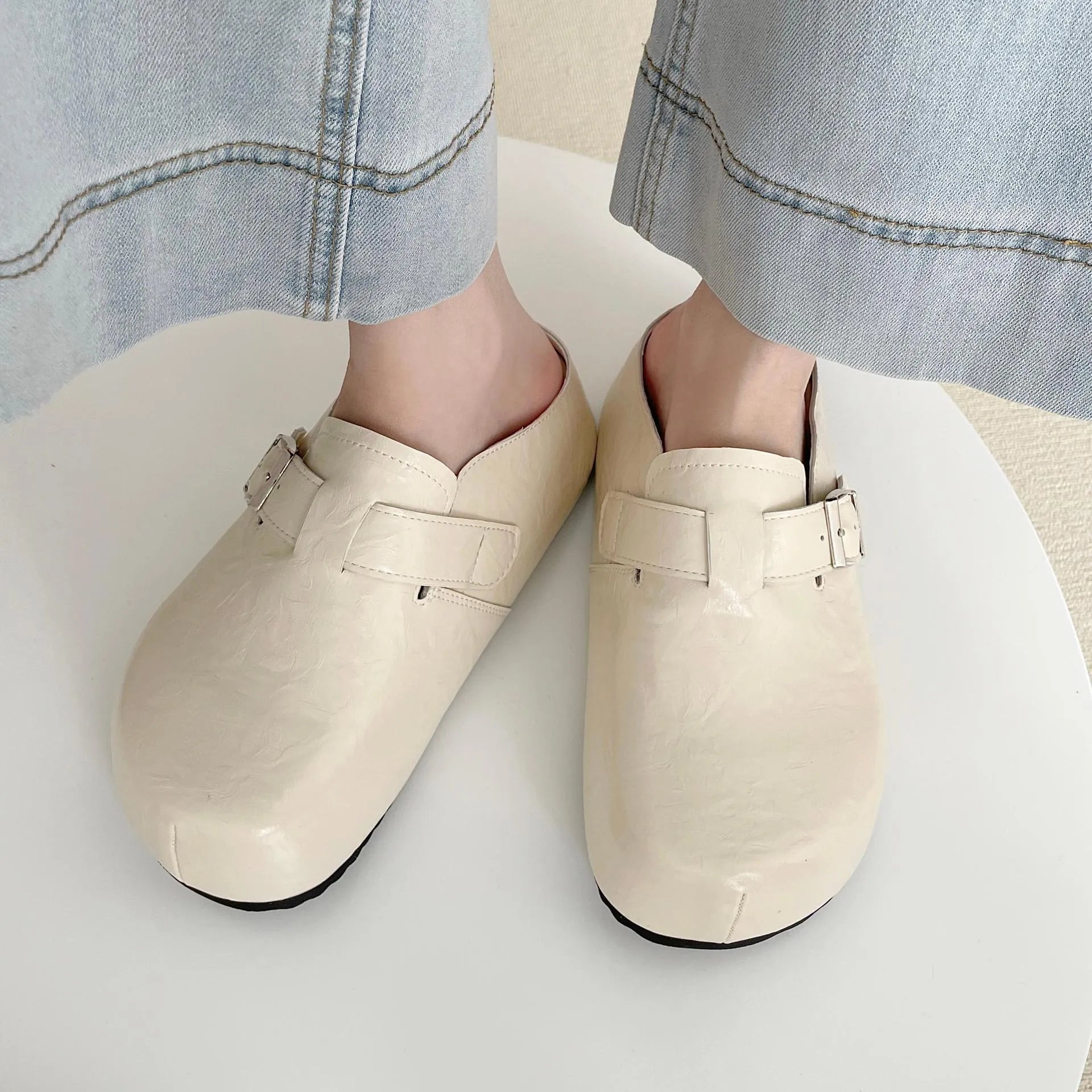 Flat buckle casual sneakers in yellow with a round toe and PU upper.