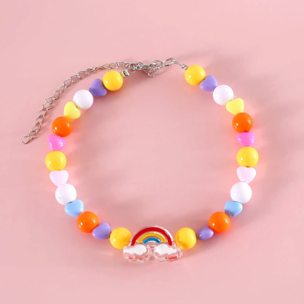 Colourful plastic pearl pet necklace with flower charm in rainbow, peach or small flower patterns