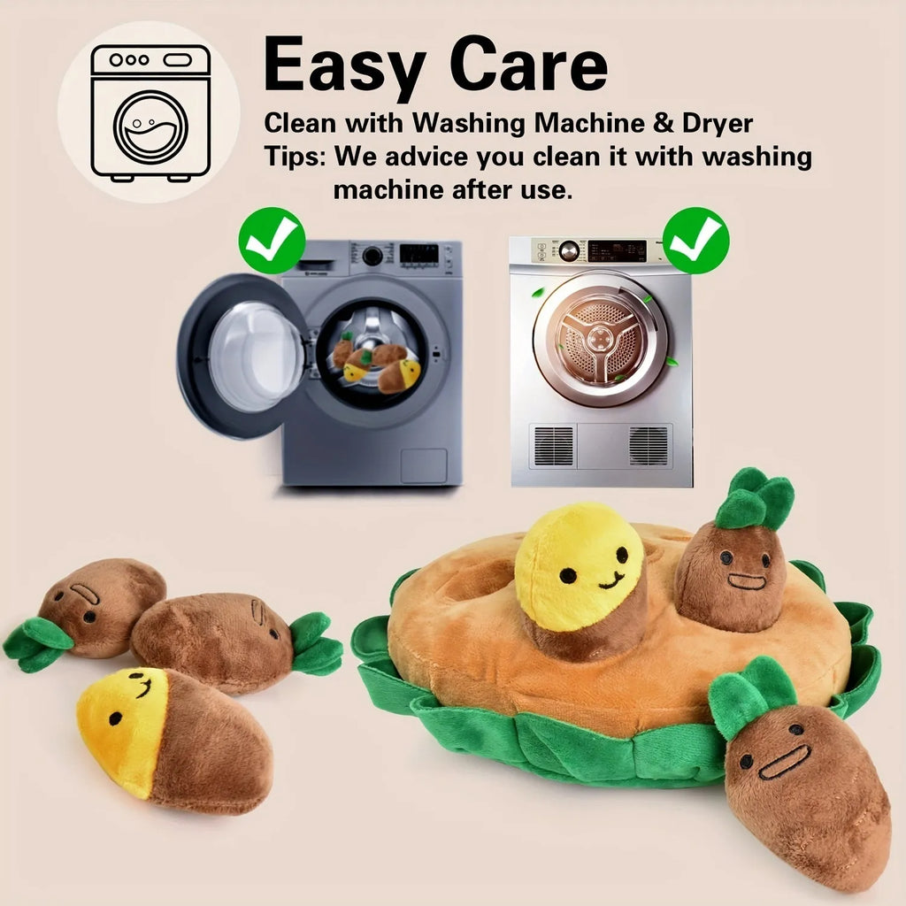 Yellow interactive dog puzzle toy pad with removable plush toys on a 45 cm square polyester mat