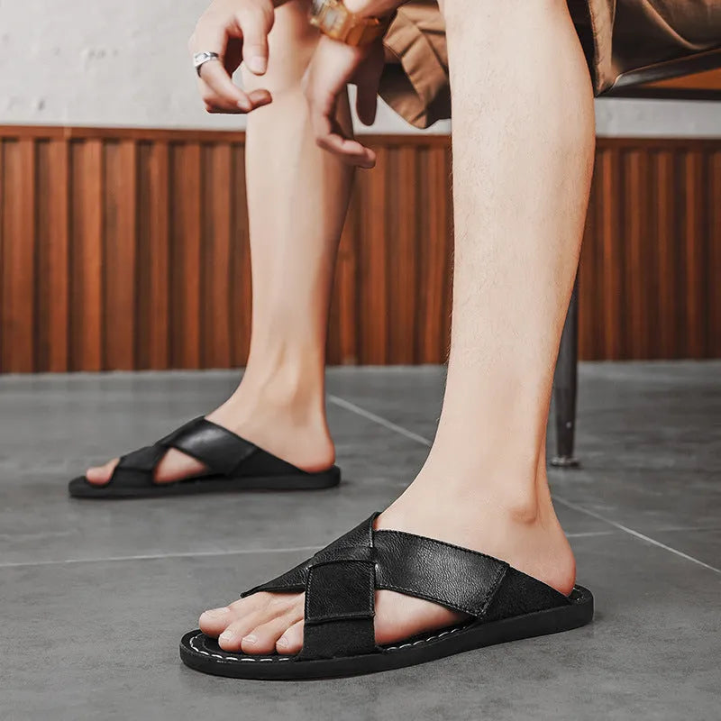 Men's black leather slip-on sandals with frosted pigskin upper and rubber sole